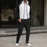 Ensemble sportif tricoté à carreaux et color-block pour homme, veste zippée et pantalon à lacets, un ensemble streetwear décontracté pour le quotidien. 2