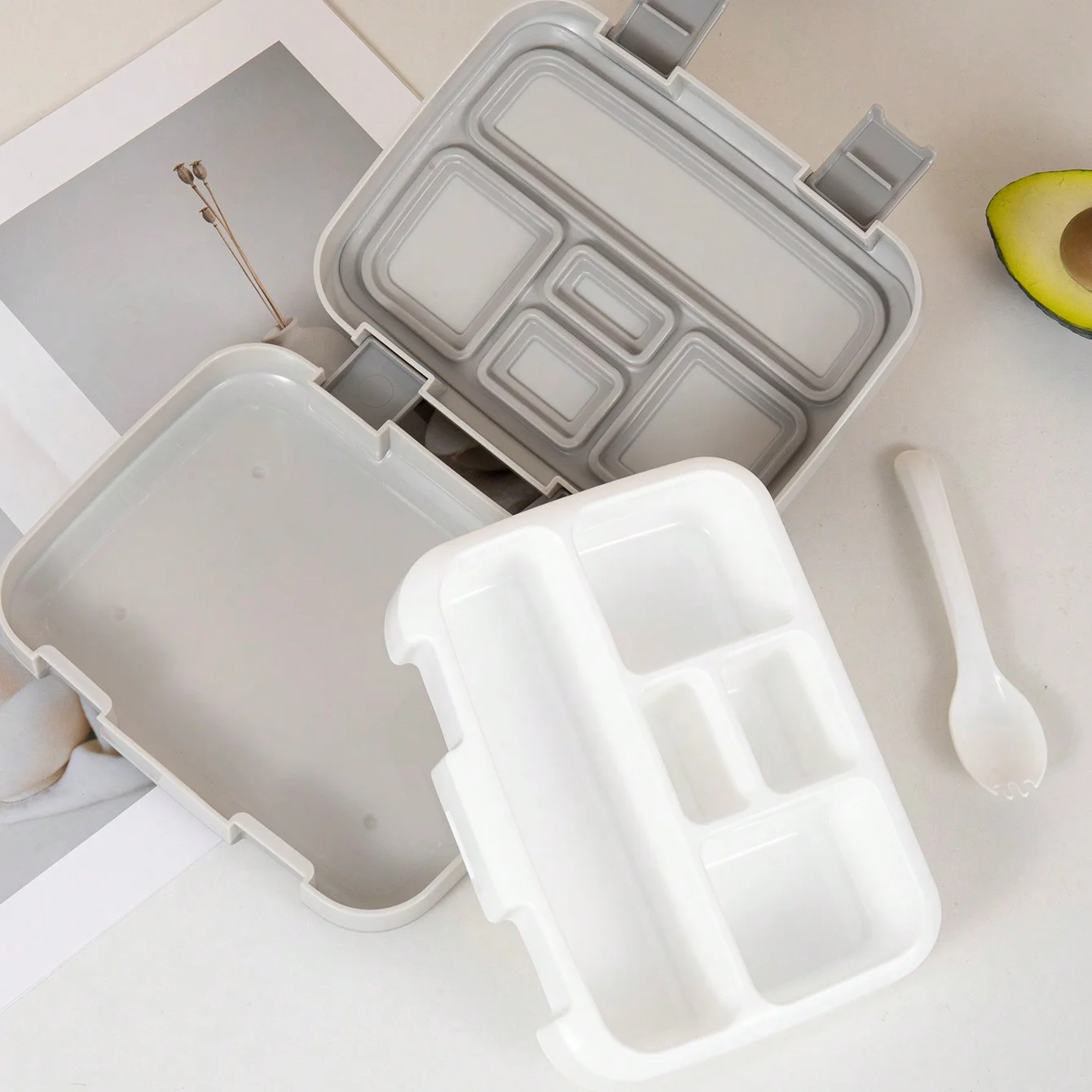 1pc-5 Compartments Plastic Bento Box, Divided Portable Lunch Box, Suitable For Outdoor Camping Hiking Travel