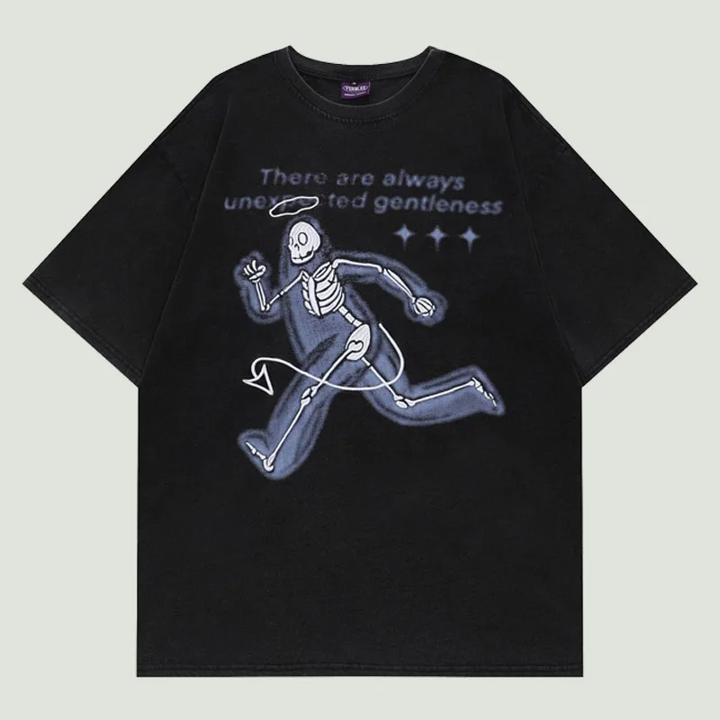 

Hip Hop Streetwear Washed T Shirts Mens Vintage Harajuku Running Skeleton Graphic Embroidery Short Sleeve T-Shirt Unisex Black