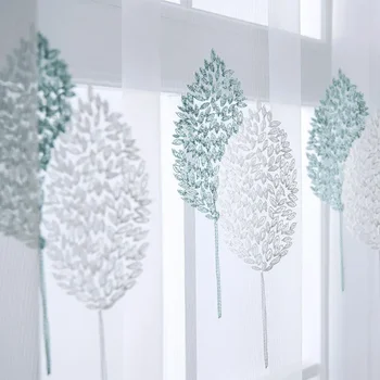 Schermo per finestra con foglie ricamate Schermo per finestra Blu Bianco Doppio albero Garza Tulle 1PC Tende Soggiorno Camera da letto Balcone Baia 1