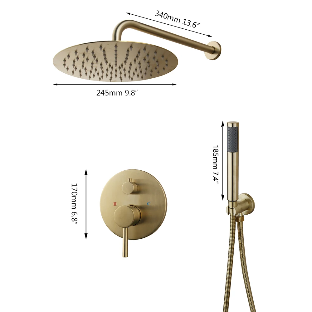 JIENI Brush Golden 10 Inch Shower Faucet Set Round Shower Head Wall Mounted Rainfall Set W/ Hand Mixer Faucet