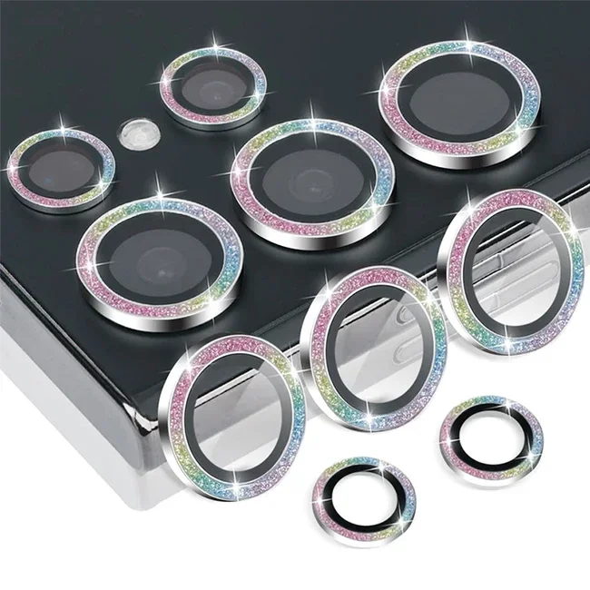 Sparkling Diamond Camera Lens Protector with Metal Ring and Tempered Glass Cover