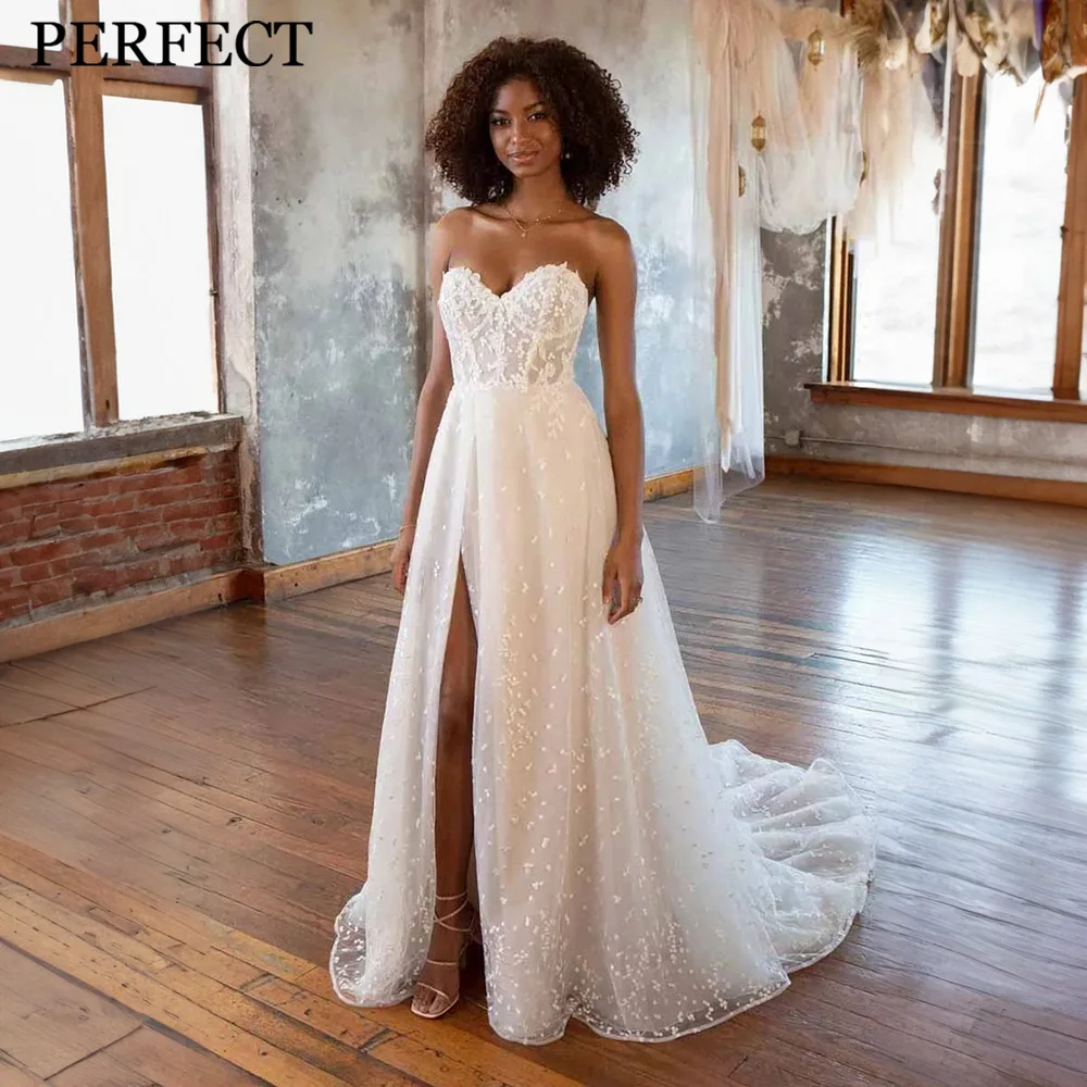 

PERFECT Gorgeous Wedding Dresses For Woman A-line Sweetheart FrontSlit Open Back Appliques Sleeveless Vestidos De Novia