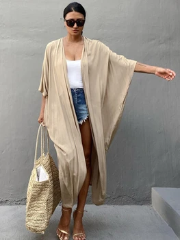Beach Cover Up Kimono Women Summer 2022 New Pareo Swimsuit Cape Solid Bohemian Tunic Dresses Bathing Suits Dropshipping 1