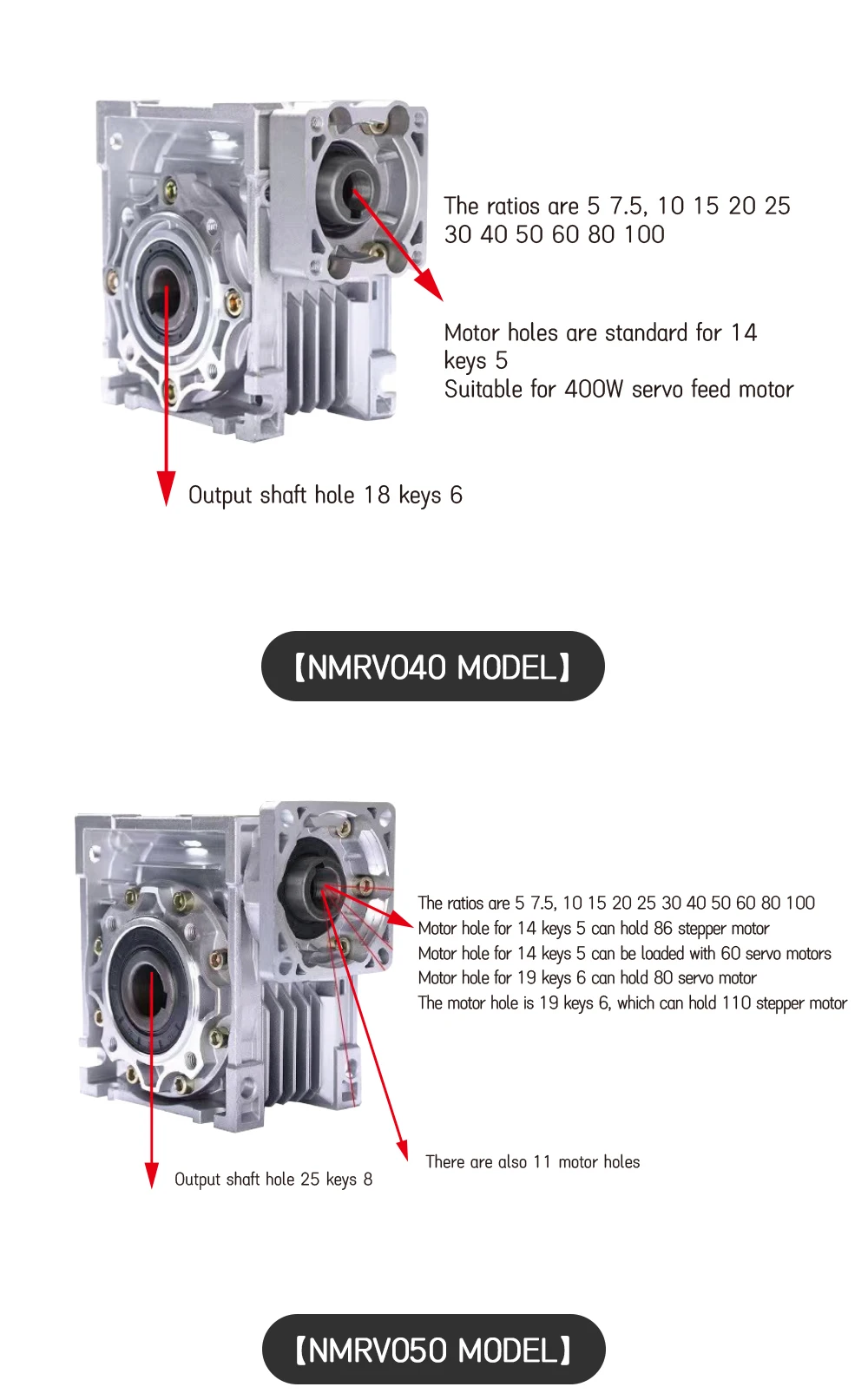 EU-Versand Schneckengetriebe NMRV030 NMRV040 Passend für Nema 23 Nema 34 Schrittmotor Übersetzungsverhältnis 5-100 MAX 30Nm – Detail 3