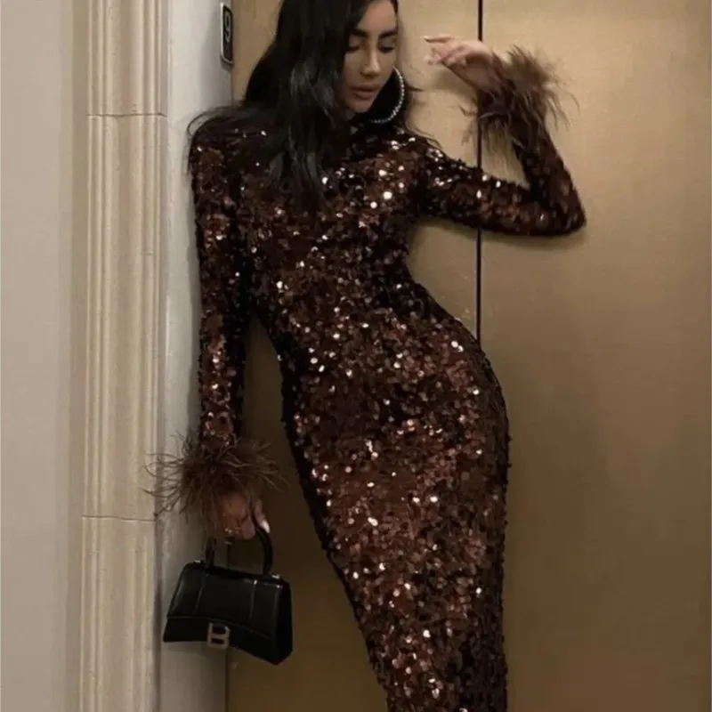 

2022 New Arrival Sexy Bodycon Mid-calf Autumn Women Long Sleeve Dress Shinning Sequiens Feathers Nightclub Party Dress Vestido