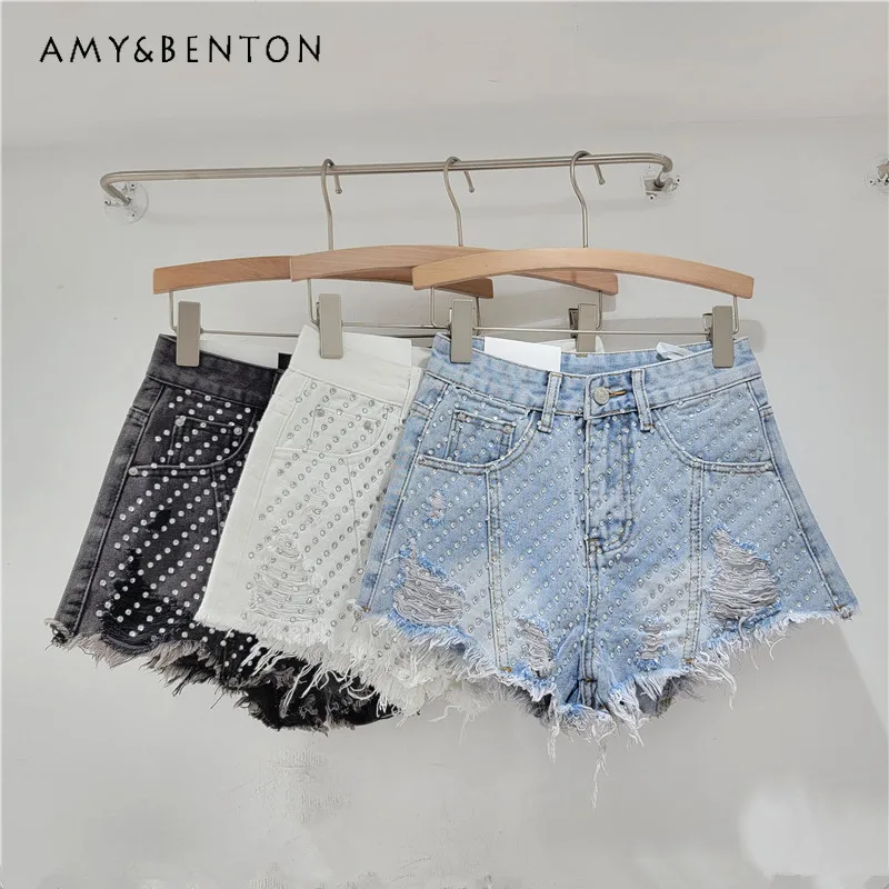 Heavy Embroidery Diamond Drills Denim Shorts Women's 2024 Summer High Waist Slimming Hot Girl Ripped Raw Hem Wide Legs Hot Pants