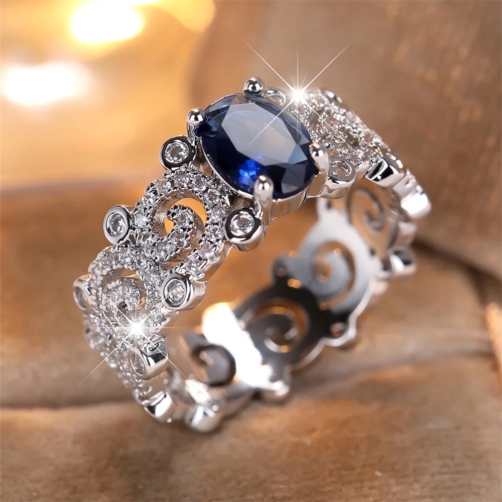 Blue Crystal Oval Stone White Zircon Rings For Women Vintage Silver Color Engagement Bands Wedding Jewelry Bridal Versatile Gift