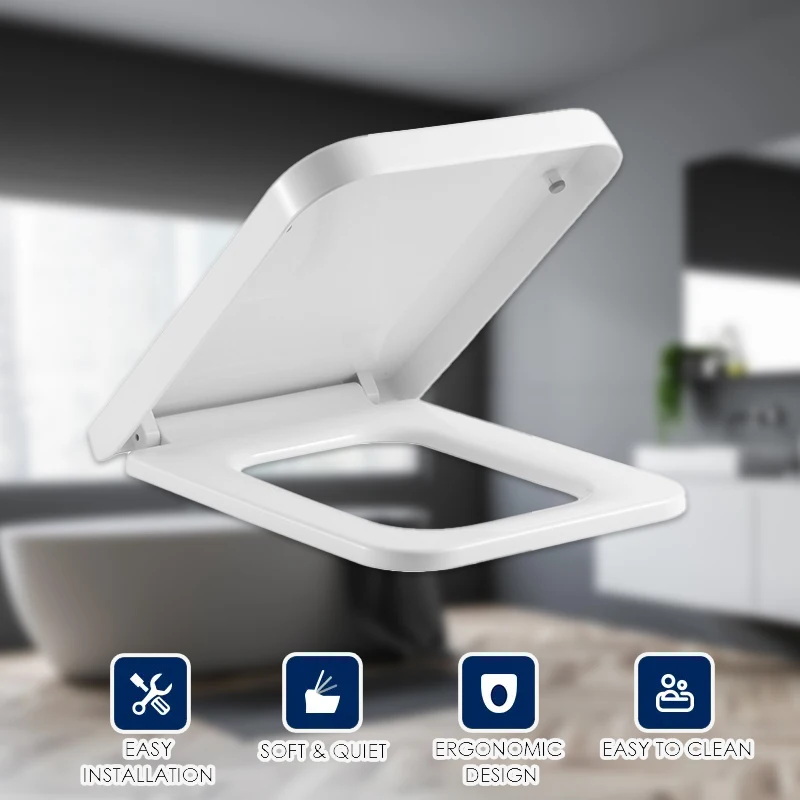 Square Toilet Seat and Cover Soft Close White Rectangular Loo Lid Quick Release Heavy Duty Easy To Clean Bathroom Lid