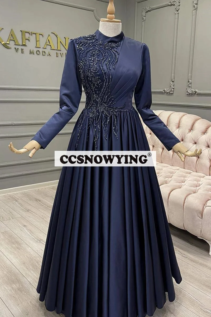 

Satin Appliques Beaded Muslim Evening Dresses Full Sleeve High Neck Hijab Islamic Formal Party Gown A Line Robe De Soiree