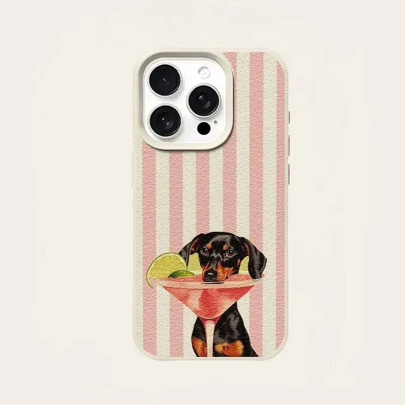 Pink Striped Puppy Cocktail Pattern Phone Case – Trendy Brand Design Cover