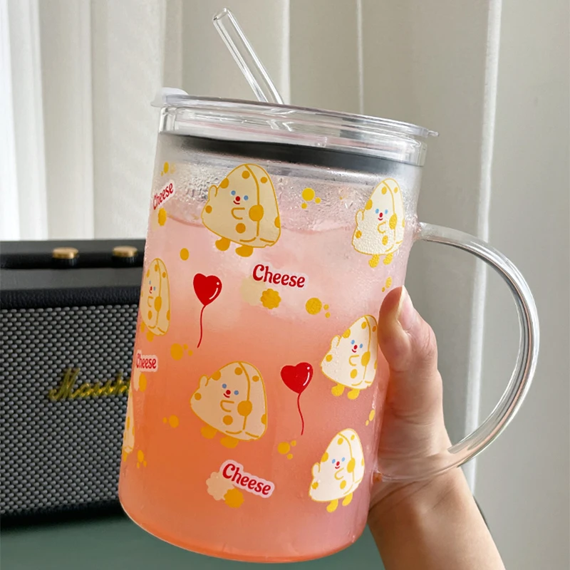 1000ml Large Capacity Glass Cute Cartoon Clear Cup with Handle and