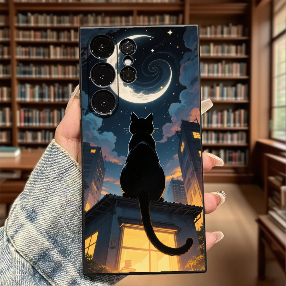 Elegant Black Cat and Moon TPU Slim Fit Shockproof Phone Case