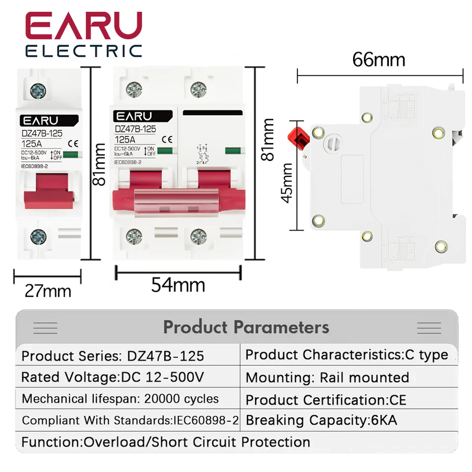 Interruttore Magnetotermico CC 2P 80A - Per Impianti Solari, Batterie, Inverter E Sistemi Fotovoltaici 12-48V