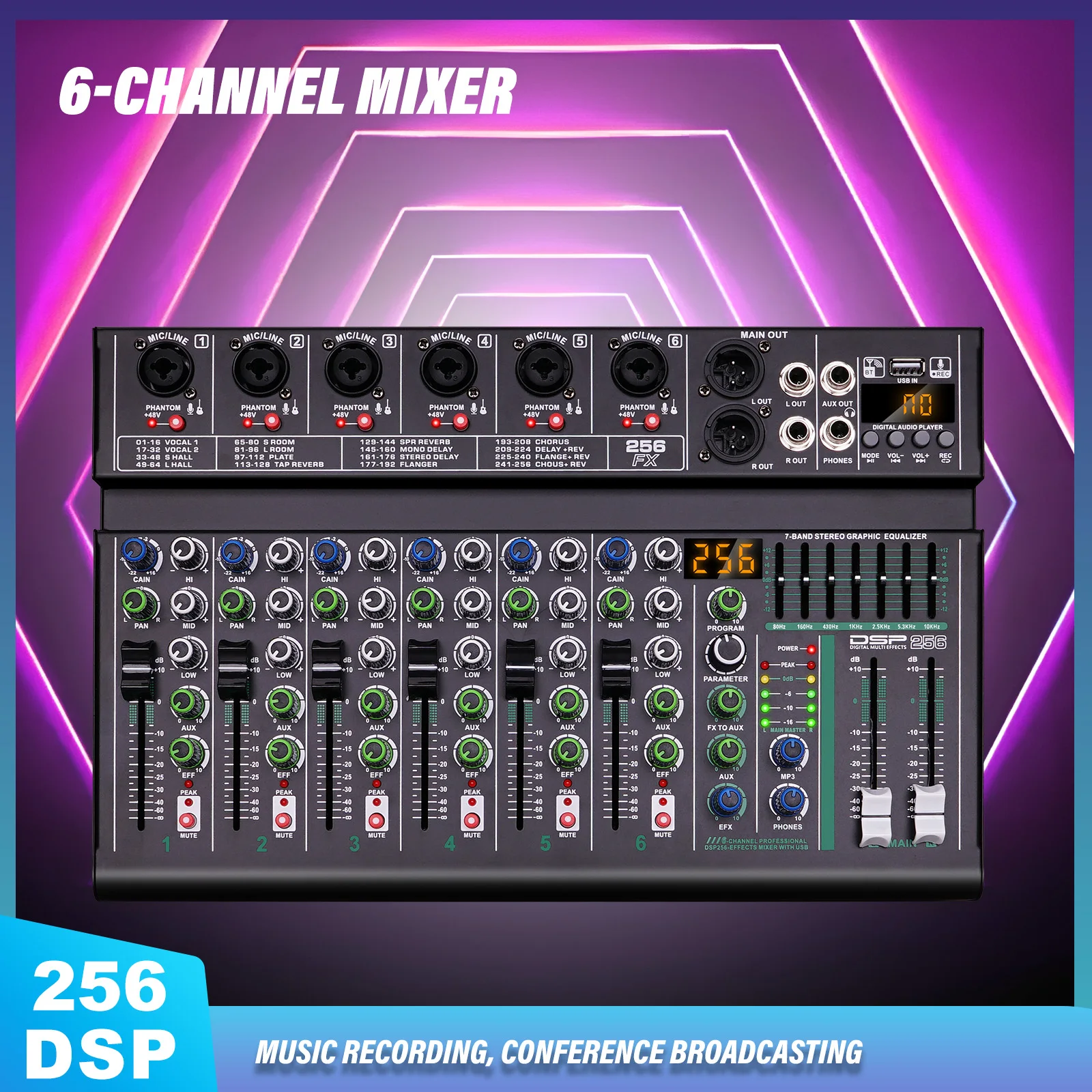 4/6 Channel Audio Interface Mixing Console 256-Bit DSP DJ Mixer Audio Reverb Effect+48V Phantom Bluetooth Mixer