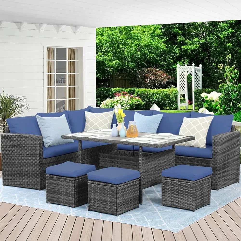 

Outdoor Sofa Set of 7, Weather Wicker Conversation Set with Ottoman, Outdoor Dining Sectional Sofa with Dining Table and Chair