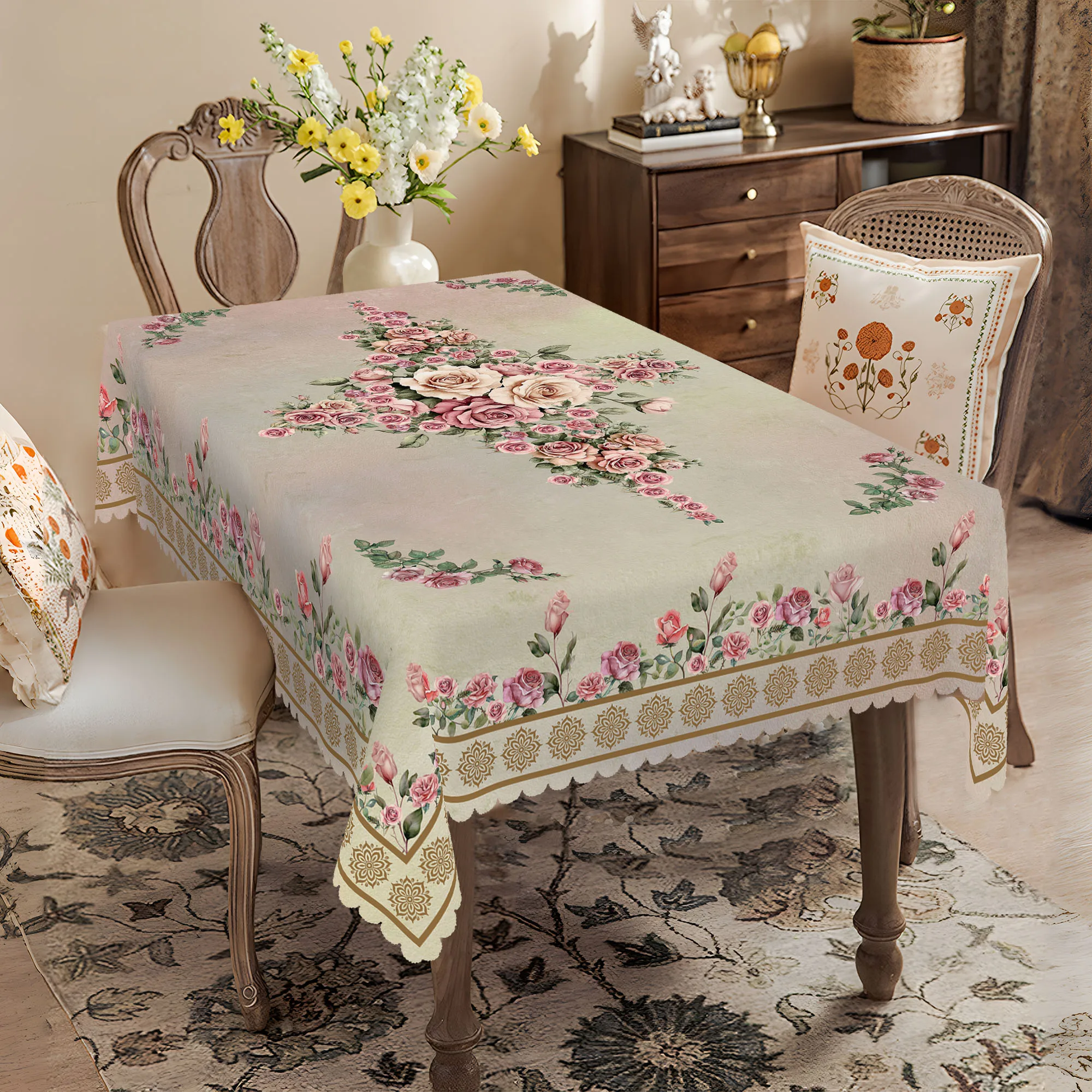 1 Piece of Retro Floral Tablecloth for Spring and Summer, Made of Elegant and Luxurious French Style, Retro Rose and Pink Flower Design, Ideal for Spring and Summer Decoration, Indoor/Outdoor Party and Home Decoration, Table Decoration, Banquet Decoration, Kitchen Decoration, Suitable for Valentine's Day, Mother's Day, Easter, Weddings, Birthdays, Anniversary 1