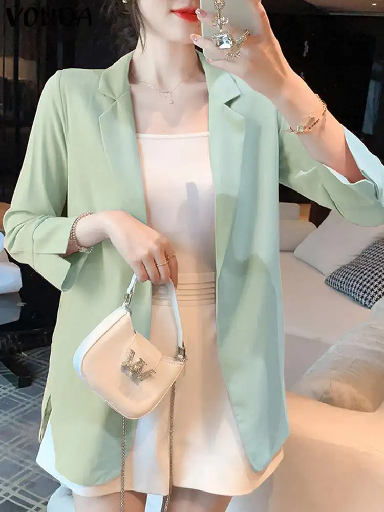 

VONDA Elegant OL Style Blazer 2023 Women Office Coat Fashion Summer 3/4 Sleeve Solid Color Casual Suit Collar Streetwear Blazer