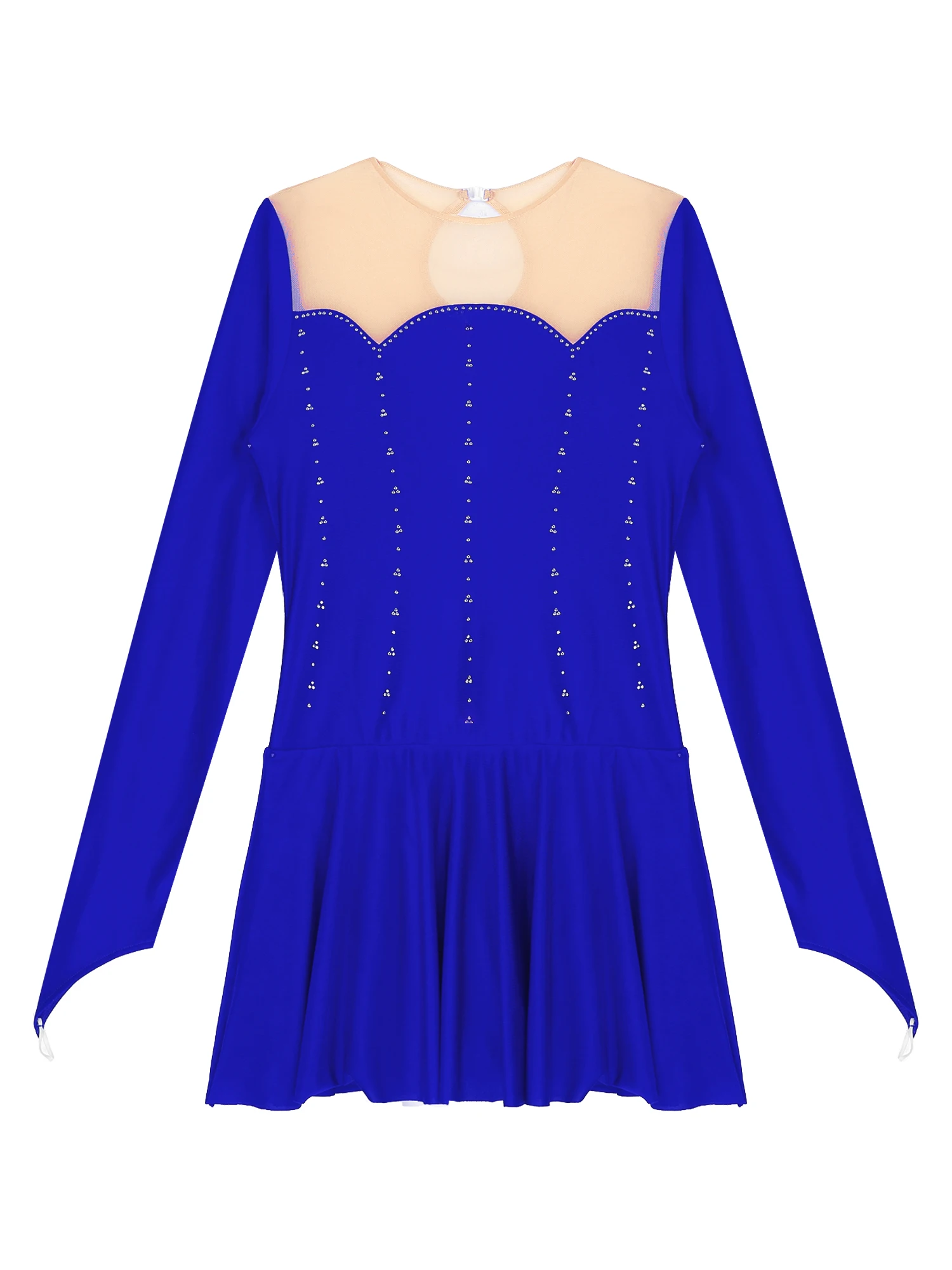 Womens Sheer Mesh Patchwork Glitter Rhinestone Dance Dress Figure Skating Costume Round Neck Long Sleeve Dresses
