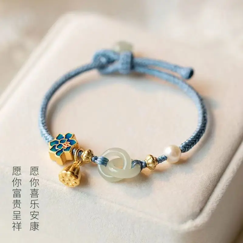 

Ring-link imitation Hetian Jade Bracelet Female Niche Design Ping An Buckle Couple Pair of Woven Hand Rope Hand Rope for Women