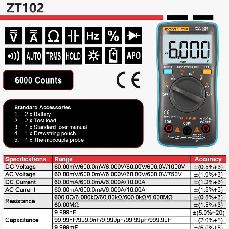 ZOYI Digital Multimeter ZT-102 Auto Range 6000 Count AC/DC Ammeter Voltmeter Ohm Hertz True RMS Tester Portable Meter digital multimeter multimeter tester