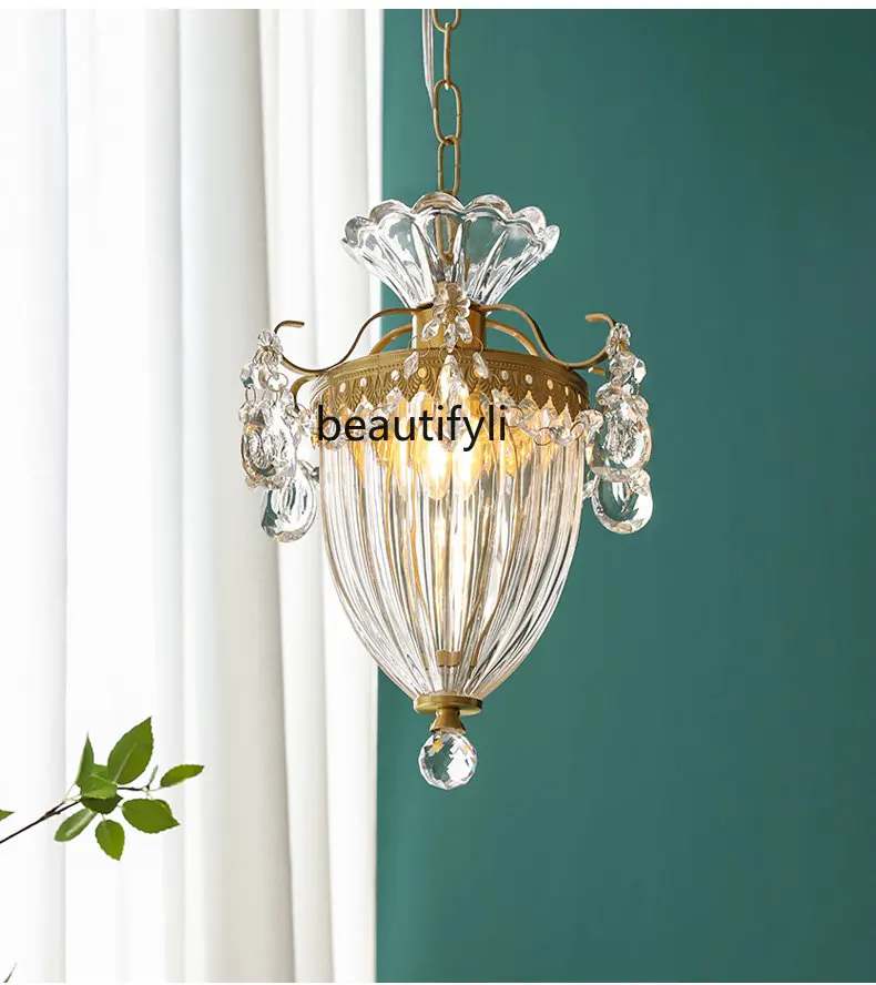 

French Entry Lux Copper Carved Crystal Small Droplight American Restaurant Aisle Bedside Chandelier