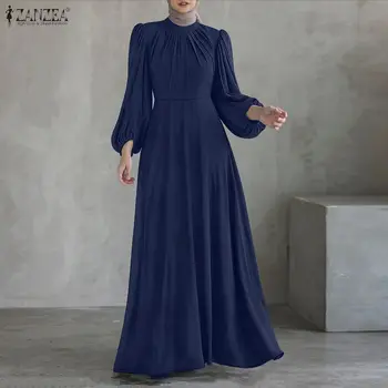 2025 ZANZEA Fashion Women Long Lantern Sleeve Muslim Dress Abaya High Waist Pleated Party Dress Dubai Robe Turkey Kaftan Vestido