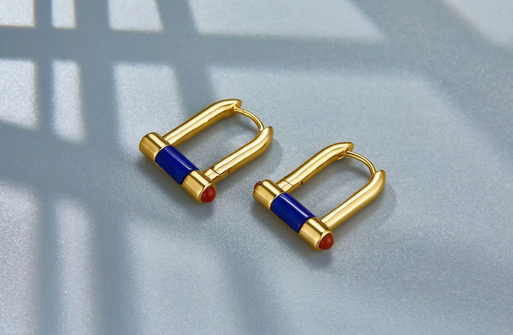 French Trendy Silver and Gold-Plated Lapis Lazuli Huggie U-Hoop Earrings