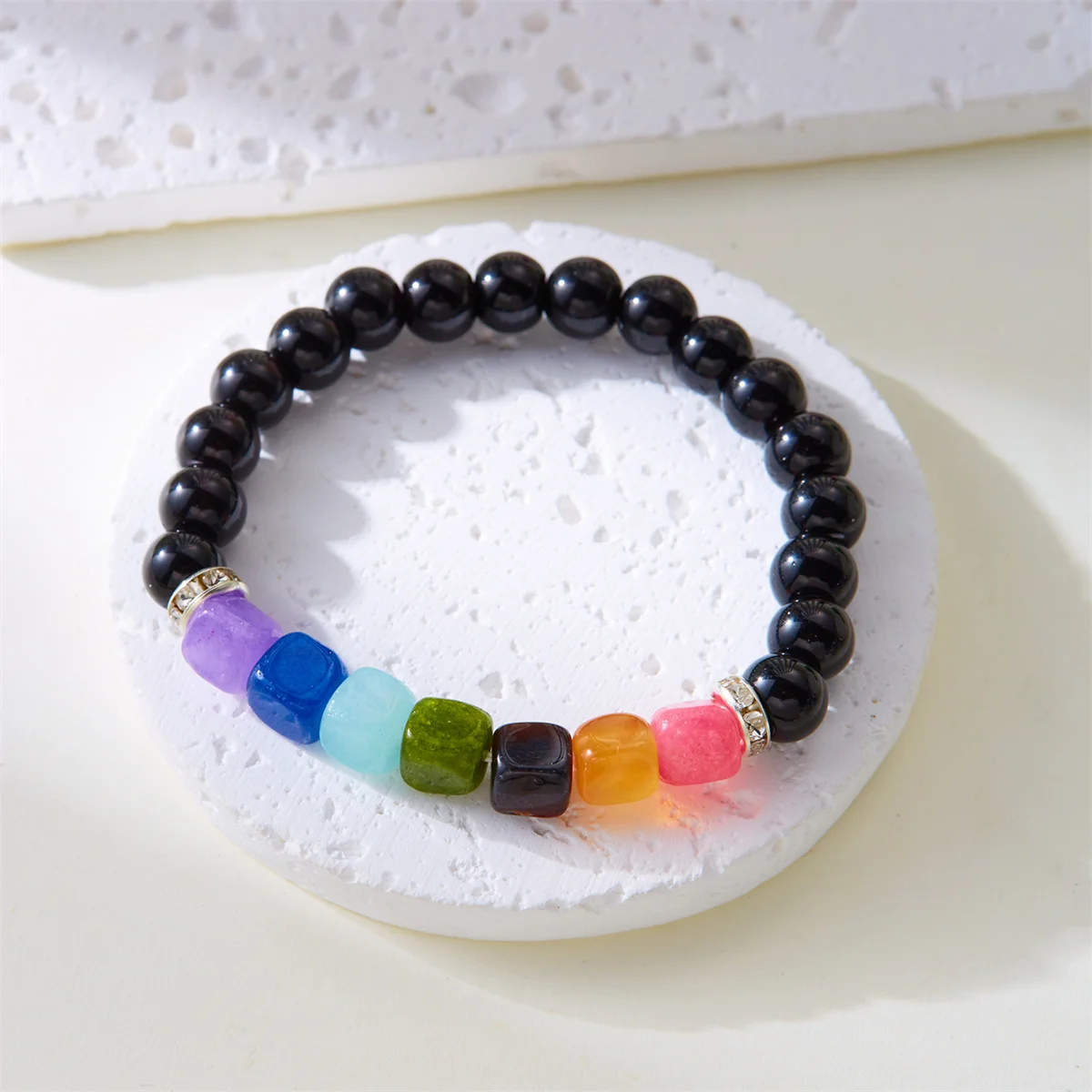 Protective energy bracelet worn with casual outfit