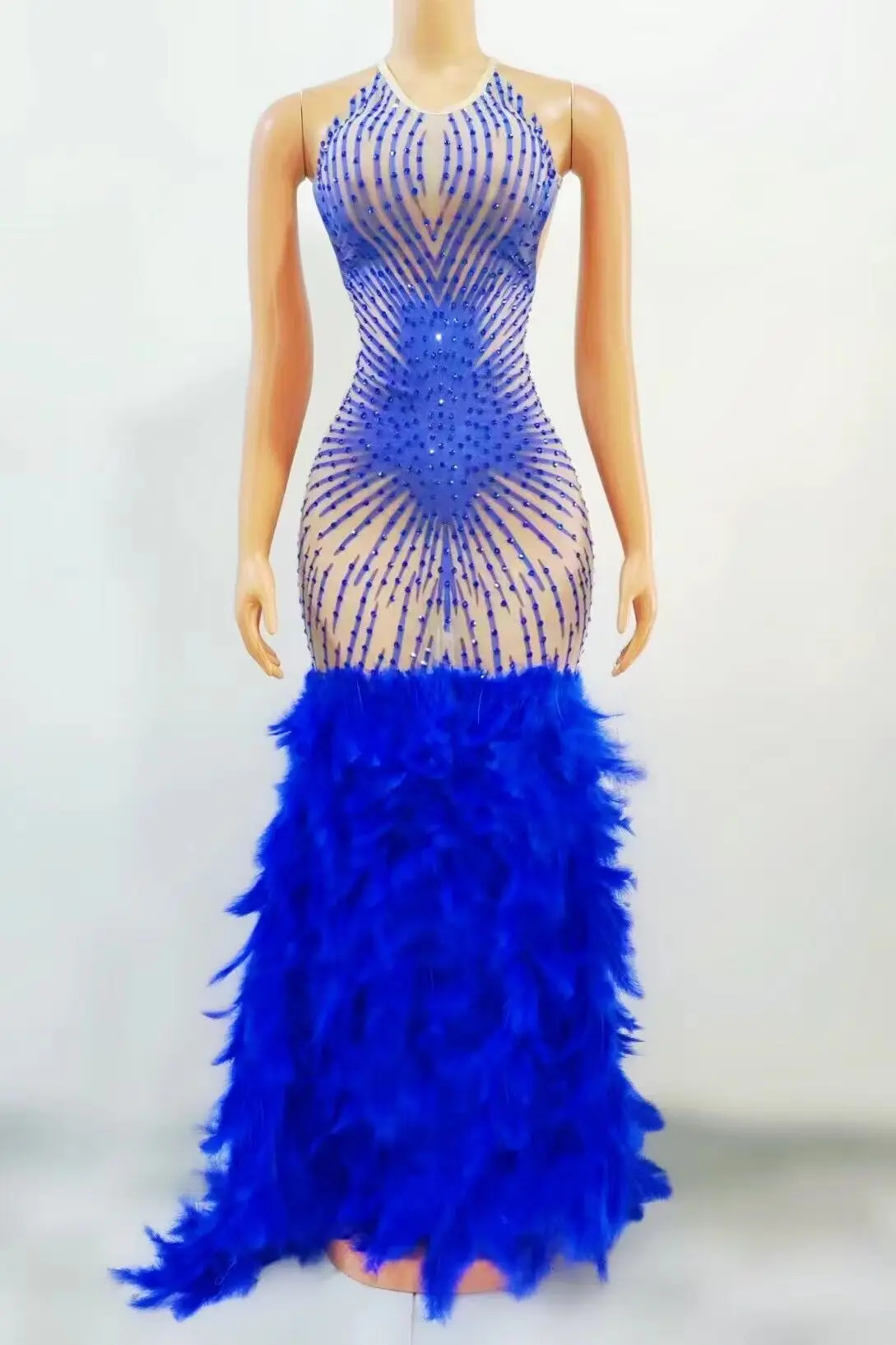

7 Colors Rhinestones Feather Sleeveless Long Train Dress Wedding Birthday Celebrate Costume Women Prom Party Show Dress lihua