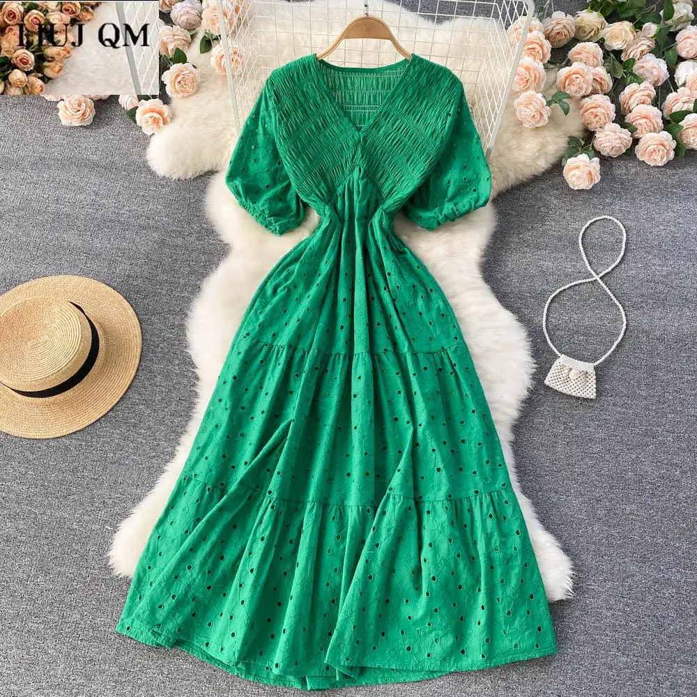 Summer Women Stretch Dresses Time sale Cheap Sexy Sleeve Puff Short Hollo V-neck