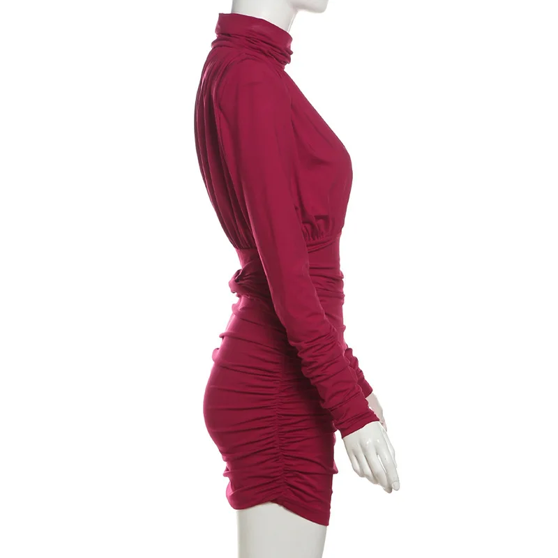 Pleated High Waist Slim Mini Dress Female Fashion Long Sleeve Patchwork Elegant Commute Dress Ladies Solid Autumn Dress