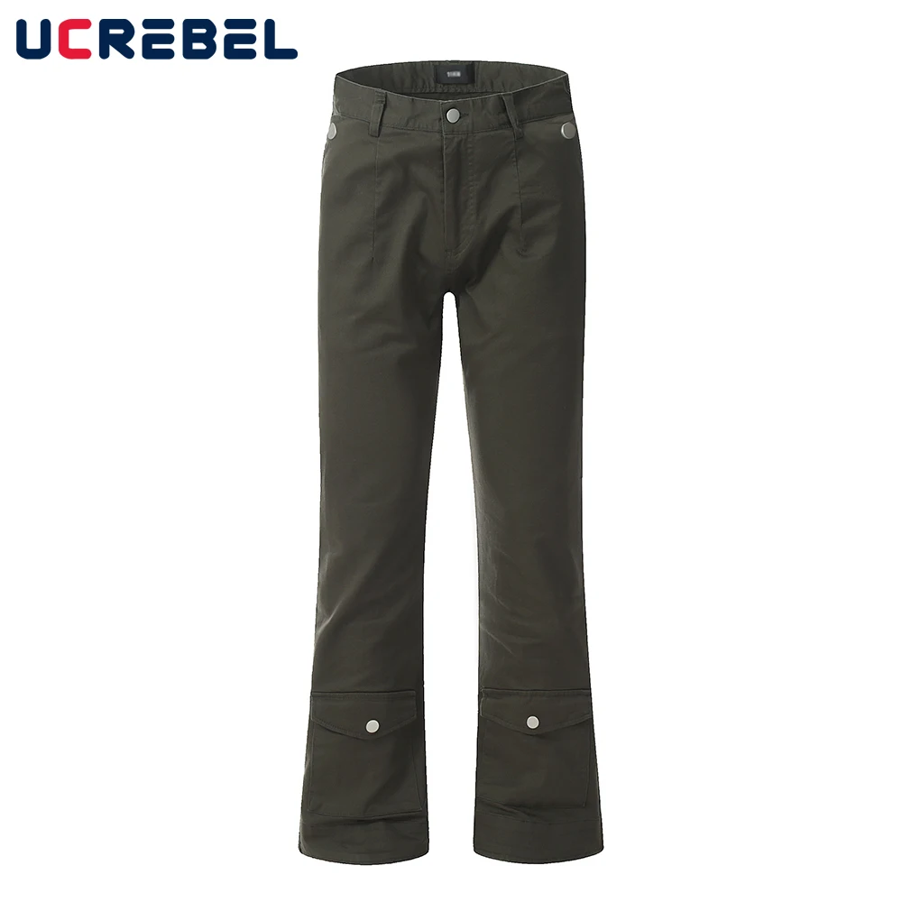

High Street Zipper Decoration Flared Pants Mens Streetwear Multi-Pocket Casual Straight-leg Trousers Men