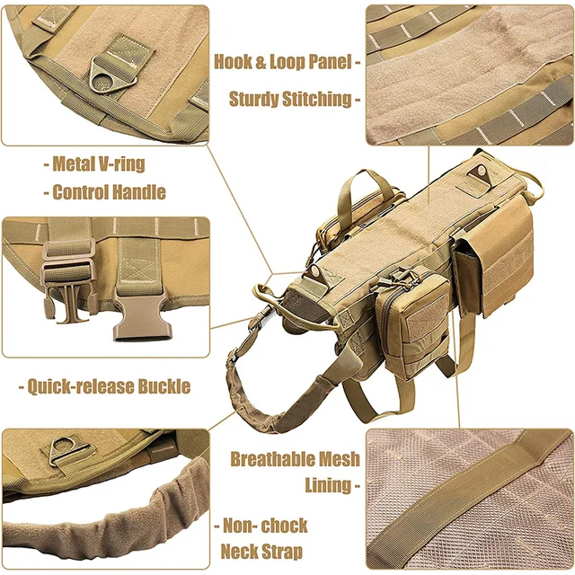 Harnais chien tactique K9 pour chien, avec poches, gilet, poignée sans traction – Image 2