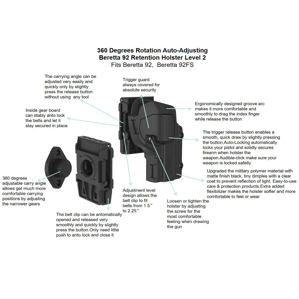Pistol Holster Gun Holster Hunting Holster Baton Holster 360&deg; Rotation Belt Loop Holster Beretta 98FS Beretta 92FS Right Index Finger Released Autolock Retention Level 2 Holster OWB