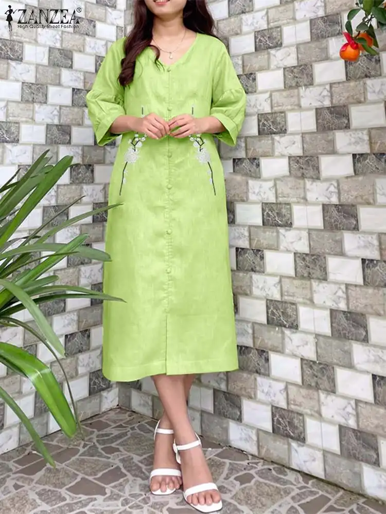 

ZANZEA Vintage V-neck Sundress Summer Embroidered Midi Dress Fashion 2024 Holiday Half Lantern Sleeve Robe Casual Button Vestido