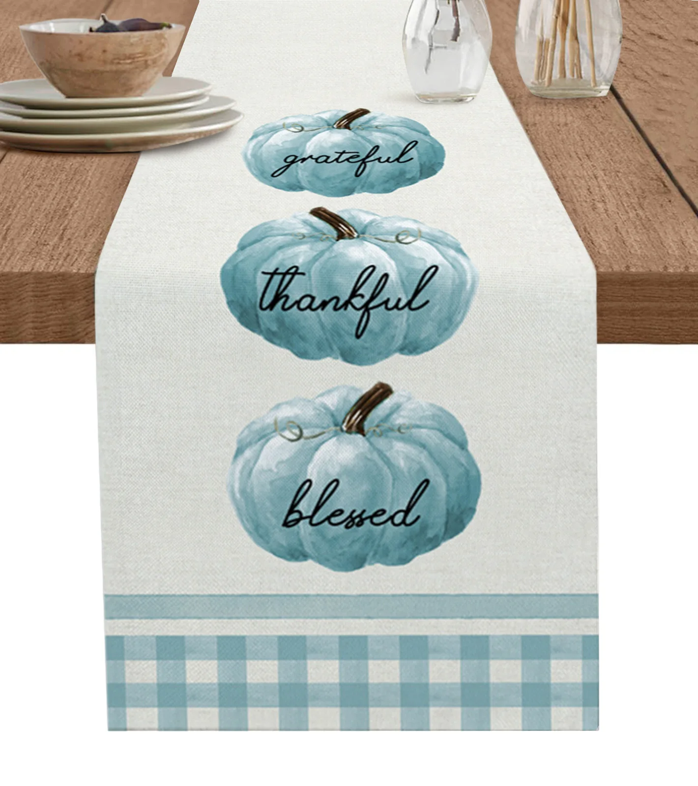 

Autumn Blue Pumpkin Table Runner Wedding Decor Table Cover Dinner Holiday Party Cotton Linen Tablecloth