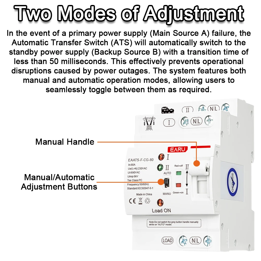 Din Rail Mini 2P 80A AC 220V 230V 50/60Hz ATS Dual Power Automatic Transfer Switch Smart Switch