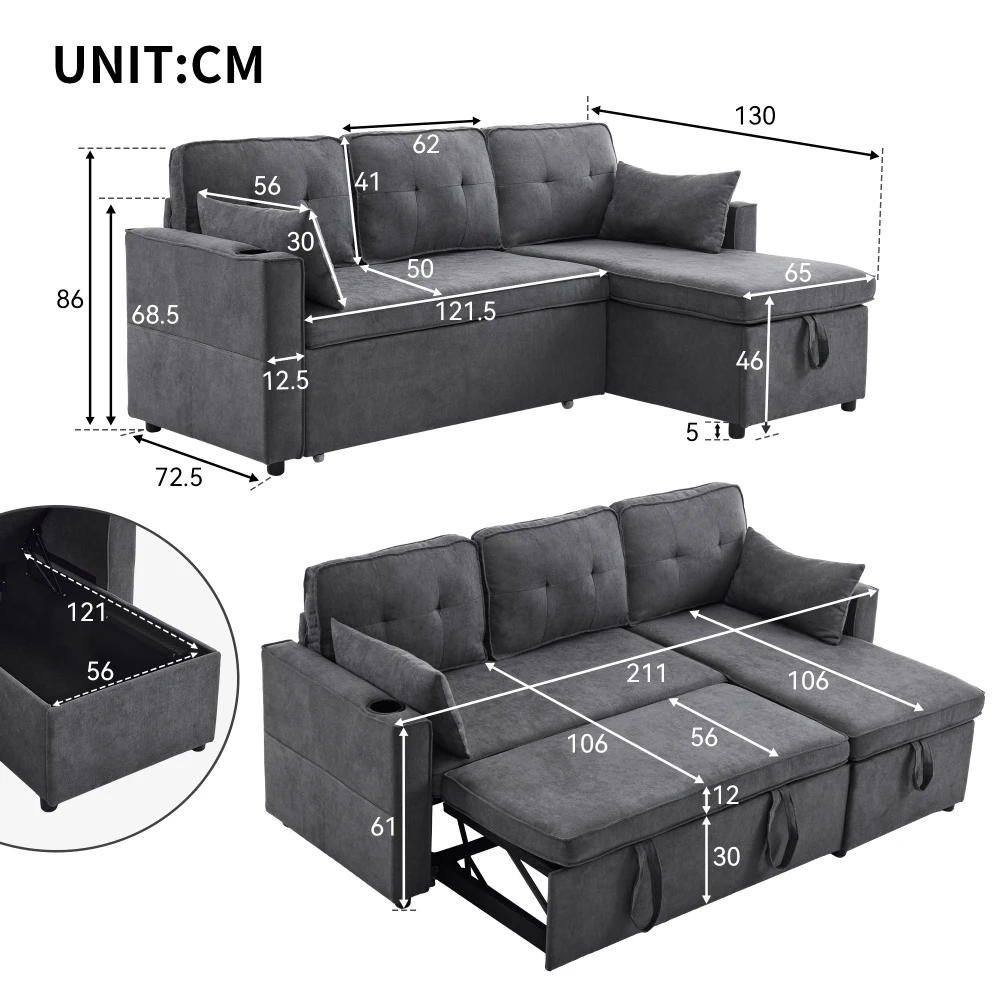 PINGGO L-förmiges Schlafsofa mit Schlaffunktion Modernes Design Gepolsterter Loungesessel mit Stauraum und Getränkehalter für Wohnzimmer – Detail 25