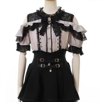 Japan Kawaii Girls Cute Lolita Shirt Harajuku Summer Hollow Out Shirt Y2K Aesthetic Lace Bow Frill Women Jk Loose Powder Blusher 1
