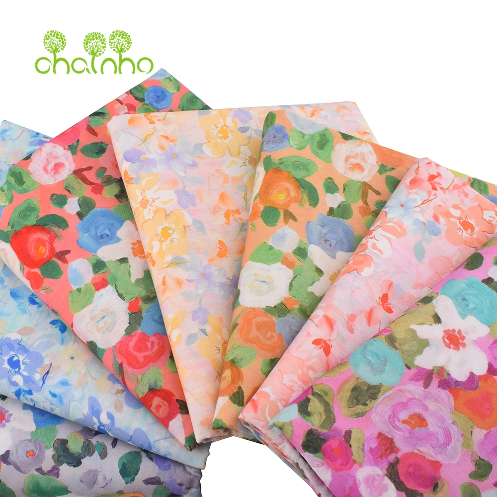 Chainho,Printed Plain Weave Poplin Cotton Fabric,DIY Quilting Sewing Material,Patchwork Cloth,Floral Series,2 Sizes,15PC216