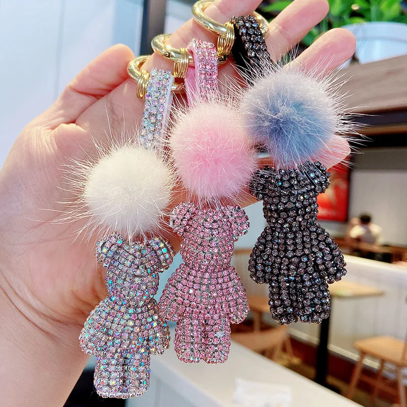 Bling Rose Keychain with Mink Fur Pom