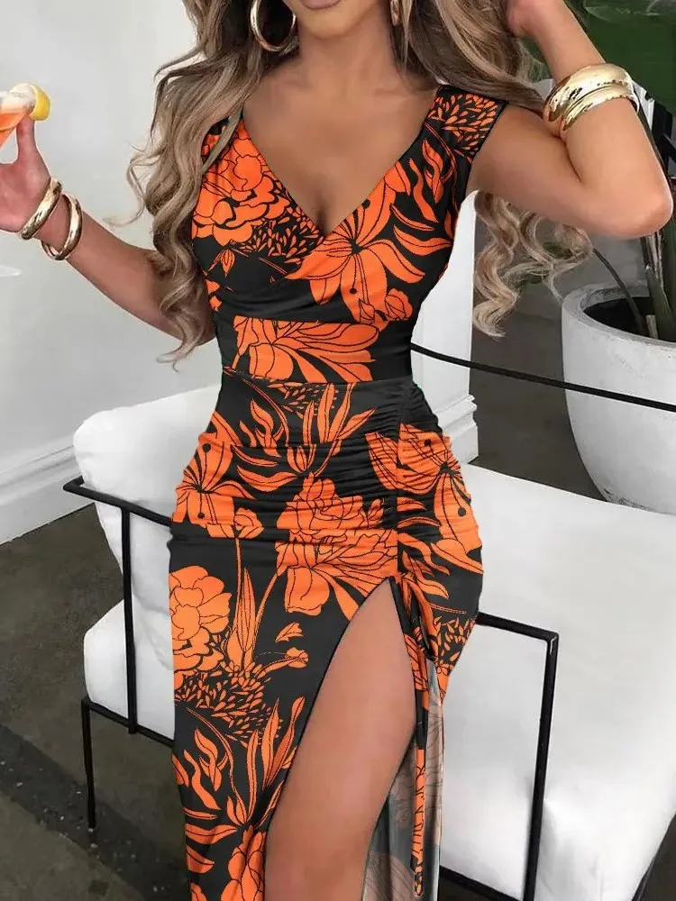 Vestidos Para Mujer 여성 프린트 여름 원피스, 브이넥 우아한 캐주얼 의류, 민소매 타이트 피팅, 해변 파티, 2024