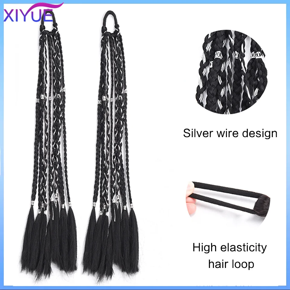 XIYUE Silver Thread Boxing Braid Tail Clip In Ponytail Hair Extension Heat Resistant Synthetic Natural Double Horse Tail Black
