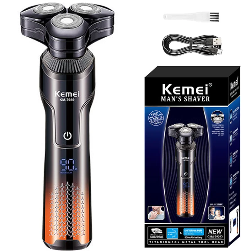 Kemei Men's Electric Shaver Wet Dry Beard Electric Shaver Rechargeable LCD Display