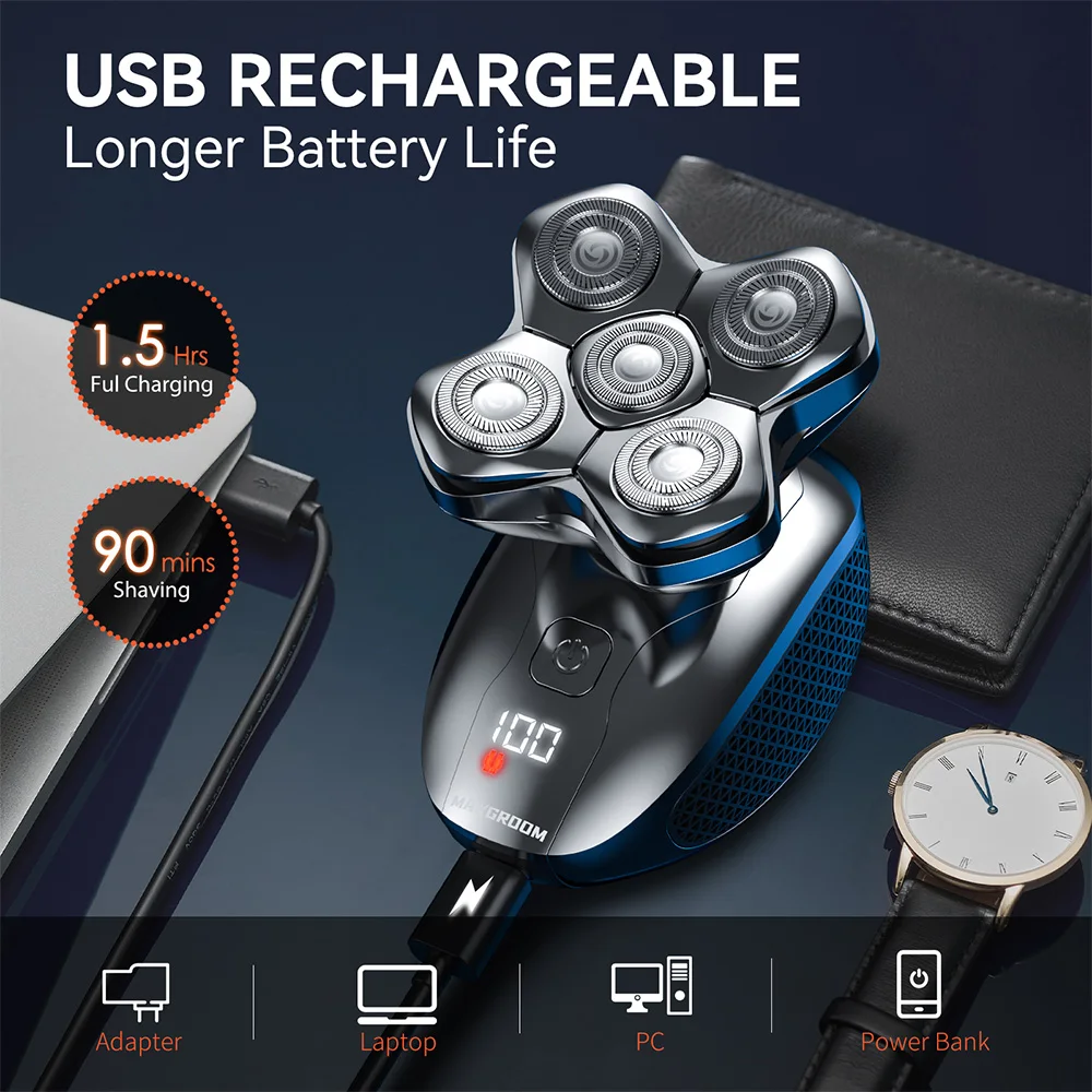 MAXGROOM 5D Head Shavers for Men 5 in 1 Electric Shaver Waterproof Head Shaver Beard Trimmer Rechargeable Head Shaving Machine 6