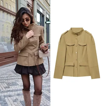 Blazer ajusté pour femme avec boucles, nouvelle collection printemps, décontracté, simple, col montant, boutons, poches, épaulettes, veste chic pour femme