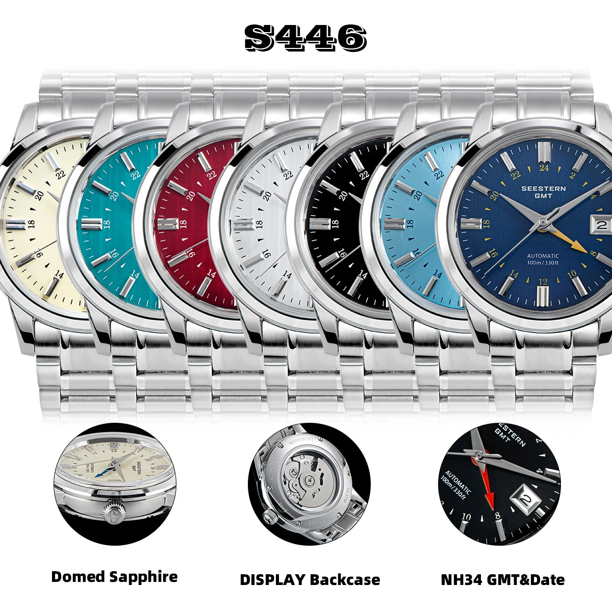 SEESTERN-Reloj de pulsera para hombre S446, cronógrafo mecánico automático, movimiento NH34 GMT, 100m, resistente al agua, cristal de zafiro abombado, limitado