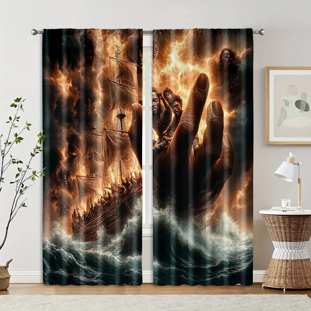 2pcs, Curtain Cloth 2D print Weathership theme Versatile Polyester Fabric (without rod) Stuff Clearance Perfect for Bedroom 2