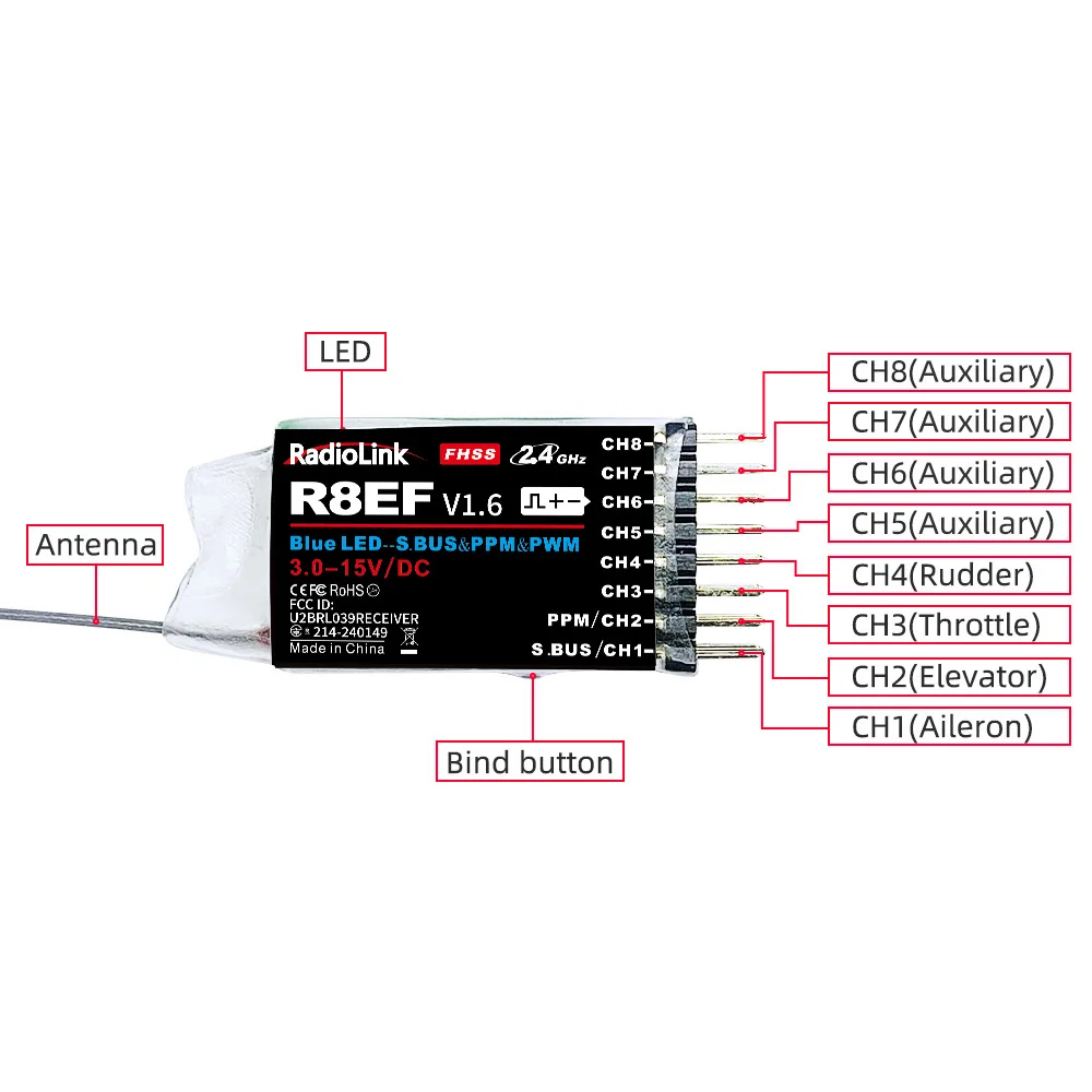 Récepteur Radiolink R8EF 8 canaux 2.4G SBUS/PPM/PWM pour RC